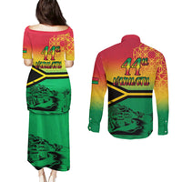 Hapi 44th Indipendens Dei Vanuatu Couples Matching Puletasi and Long Sleeve Button Shirt Yumi 1980 with Vanuatuan Beach Landscape