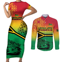 Hapi 44th Indipendens Dei Vanuatu Couples Matching Short Sleeve Bodycon Dress and Long Sleeve Button Shirt Yumi 1980 with Vanuatuan Beach Landscape