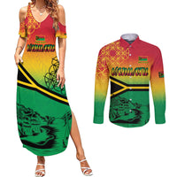 Hapi 44th Indipendens Dei Vanuatu Couples Matching Summer Maxi Dress and Long Sleeve Button Shirt Yumi 1980 with Vanuatuan Beach Landscape