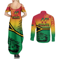 Hapi 44th Indipendens Dei Vanuatu Couples Matching Summer Maxi Dress and Long Sleeve Button Shirt Yumi 1980 with Vanuatuan Beach Landscape