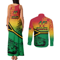 Hapi 44th Indipendens Dei Vanuatu Couples Matching Tank Maxi Dress and Long Sleeve Button Shirt Yumi 1980 with Vanuatuan Beach Landscape