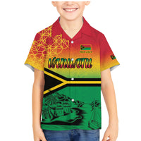 Hapi 44th Indipendens Dei Vanuatu Family Matching Mermaid Dress and Hawaiian Shirt Yumi 1980 with Vanuatuan Beach Landscape