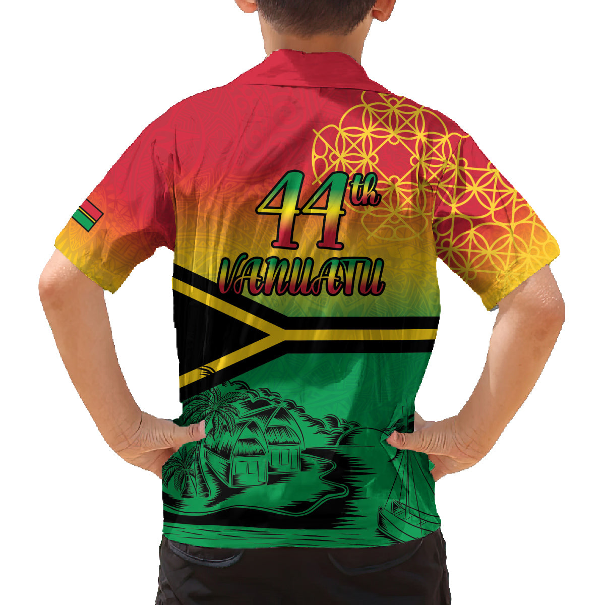 Hapi 44th Indipendens Dei Vanuatu Family Matching Off Shoulder Short Dress and Hawaiian Shirt Yumi 1980 with Vanuatuan Beach Landscape LT9 - Polynesian Pride