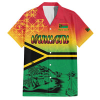 Hapi 44th Indipendens Dei Vanuatu Family Matching Off Shoulder Short Dress and Hawaiian Shirt Yumi 1980 with Vanuatuan Beach Landscape LT9 Dad's Shirt - Short Sleeve Reggae - Polynesian Pride