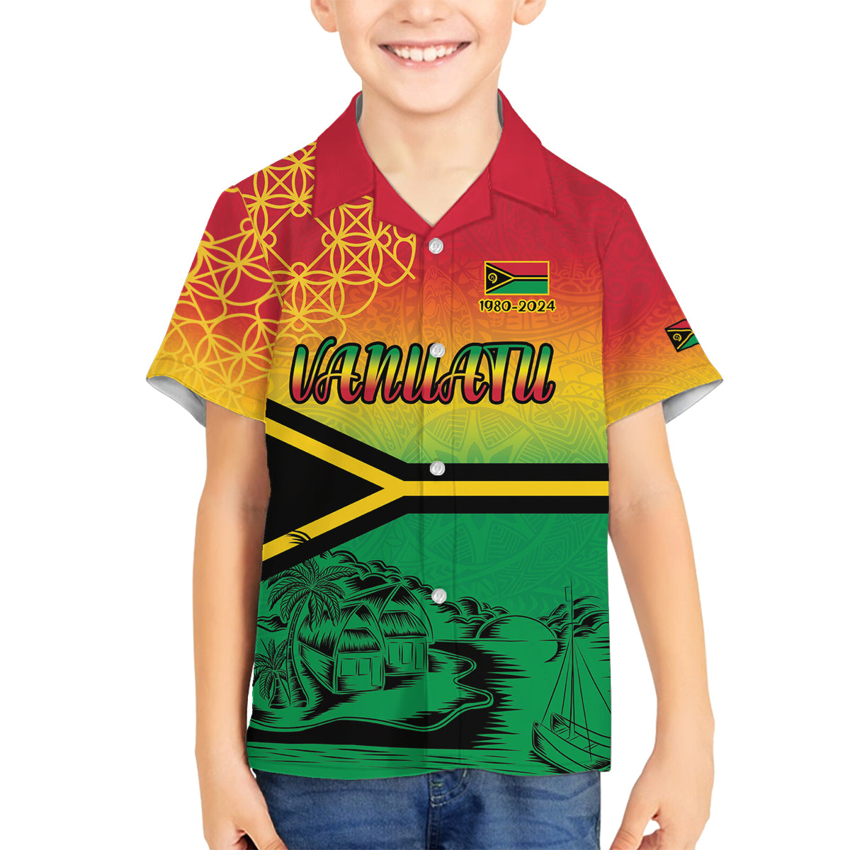 Hapi 44th Indipendens Dei Vanuatu Family Matching Off Shoulder Short Dress and Hawaiian Shirt Yumi 1980 with Vanuatuan Beach Landscape LT9 Son's Shirt Reggae - Polynesian Pride