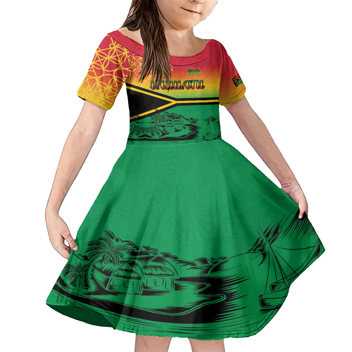 Hapi 44th Indipendens Dei Vanuatu Kid Short Sleeve Dress Yumi 1980 with Vanuatuan Beach Landscape LT9 KID Reggae - Polynesian Pride