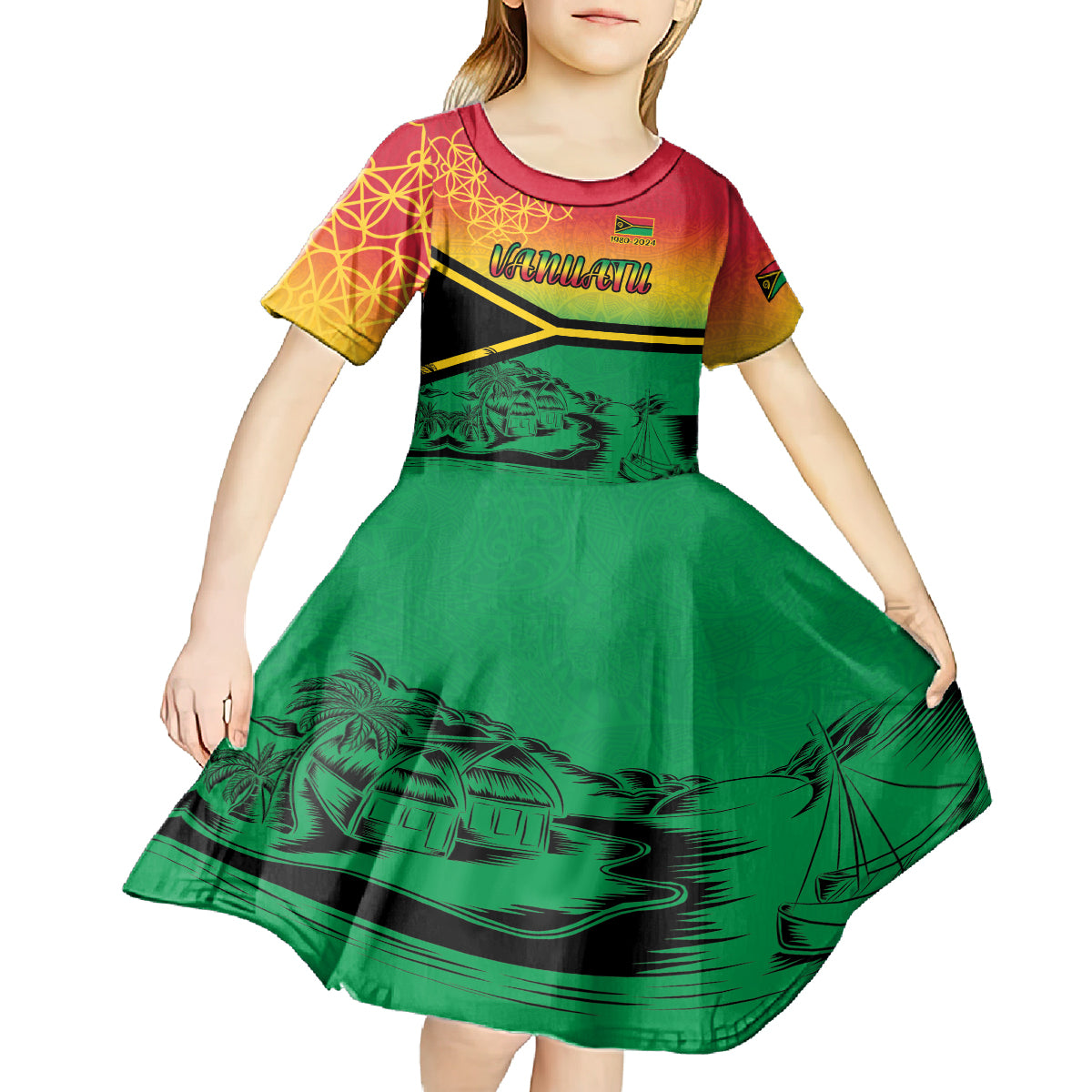 Hapi 44th Indipendens Dei Vanuatu Kid Short Sleeve Dress Yumi 1980 with Vanuatuan Beach Landscape LT9 - Polynesian Pride