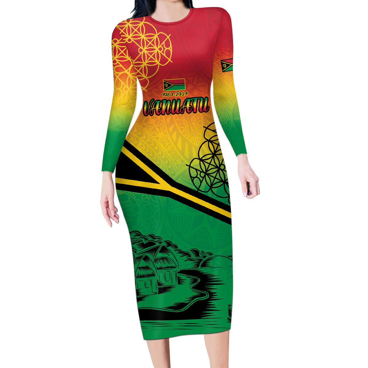 Hapi 44th Indipendens Dei Vanuatu Long Sleeve Bodycon Dress Yumi 1980 with Vanuatuan Beach Landscape LT9 Long Dress Reggae - Polynesian Pride