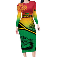 Hapi 44th Indipendens Dei Vanuatu Long Sleeve Bodycon Dress Yumi 1980 with Vanuatuan Beach Landscape LT9 Long Dress Reggae - Polynesian Pride
