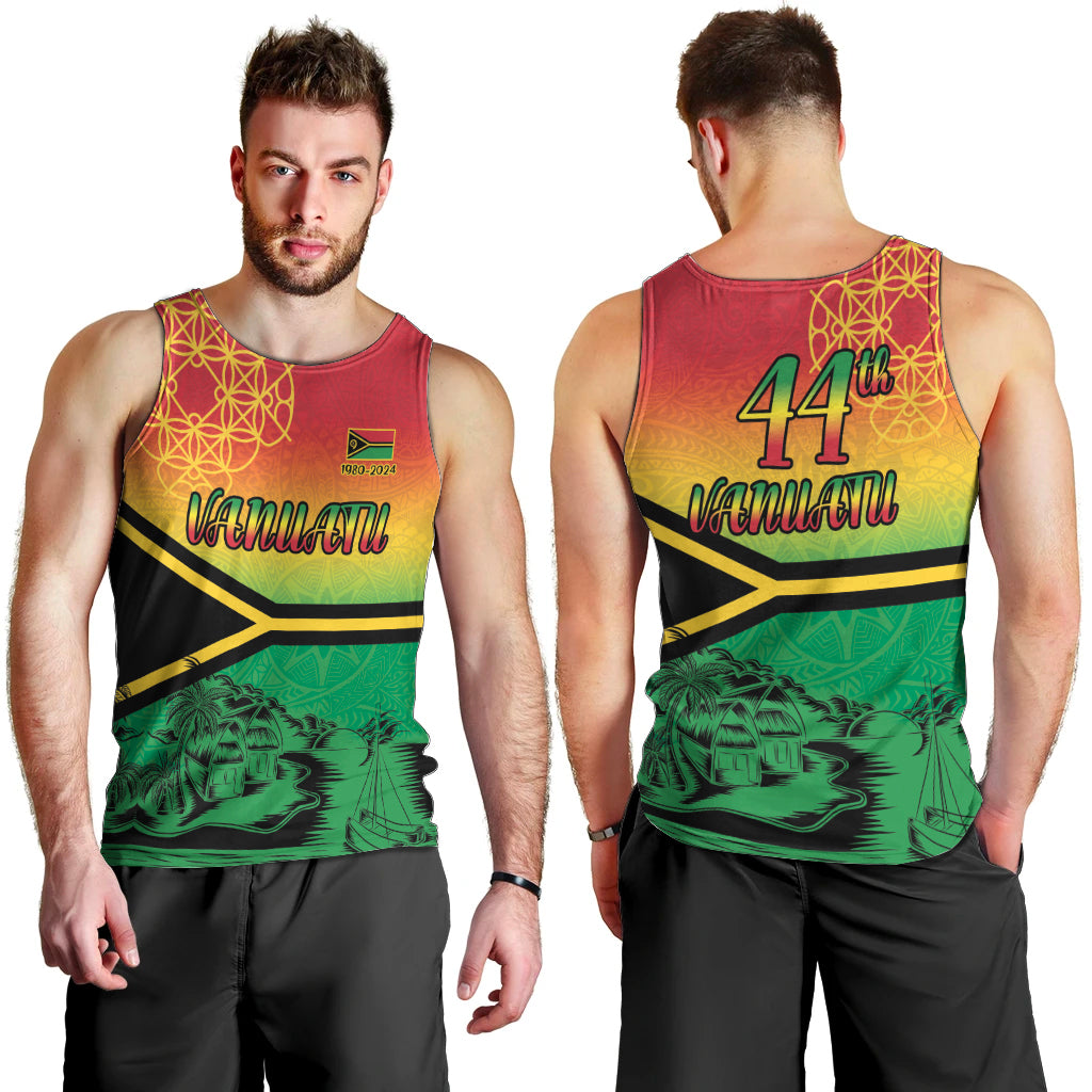 Hapi 44th Indipendens Dei Vanuatu Men Tank Top Yumi 1980 with Vanuatuan Beach Landscape