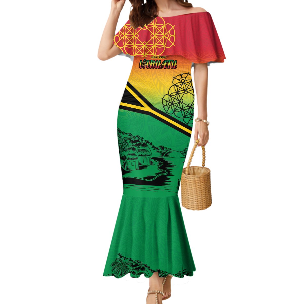 Hapi 44th Indipendens Dei Vanuatu Mermaid Dress Yumi 1980 with Vanuatuan Beach Landscape LT9 Women Reggae - Polynesian Pride