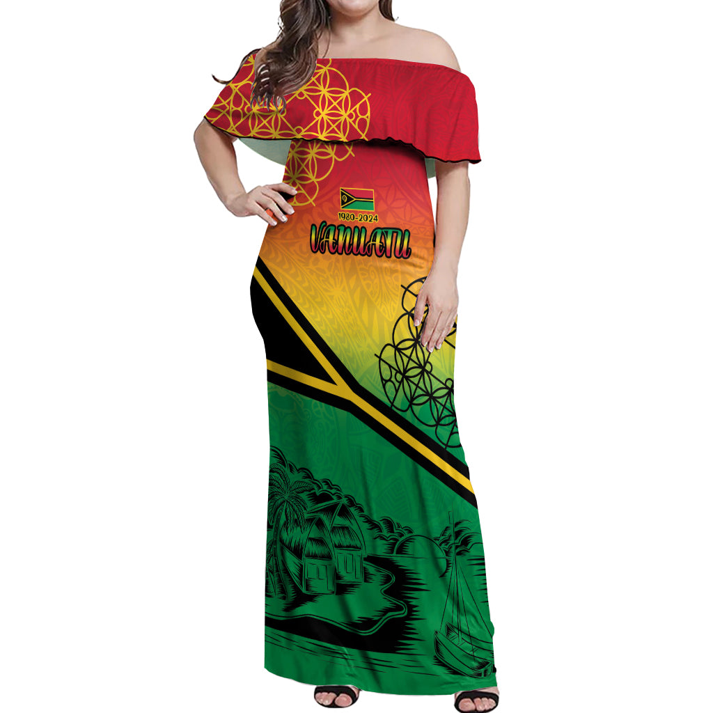 Hapi 44th Indipendens Dei Vanuatu Off Shoulder Maxi Dress Yumi 1980 with Vanuatuan Beach Landscape LT9 Women Reggae - Polynesian Pride