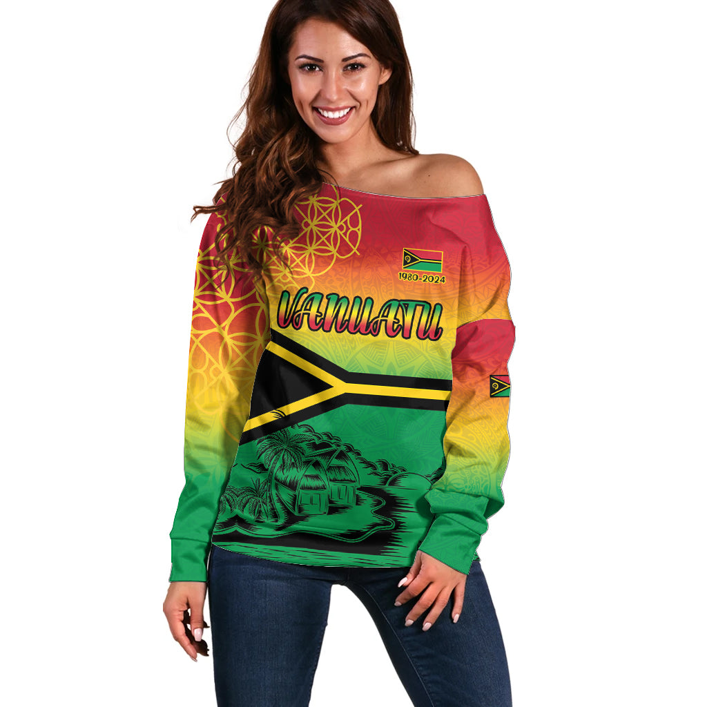 Hapi 44th Indipendens Dei Vanuatu Off Shoulder Sweater Yumi 1980 with Vanuatuan Beach Landscape LT9 Women Reggae - Polynesian Pride