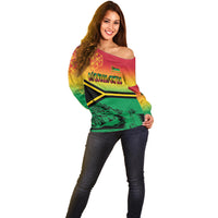 Hapi 44th Indipendens Dei Vanuatu Off Shoulder Sweater Yumi 1980 with Vanuatuan Beach Landscape