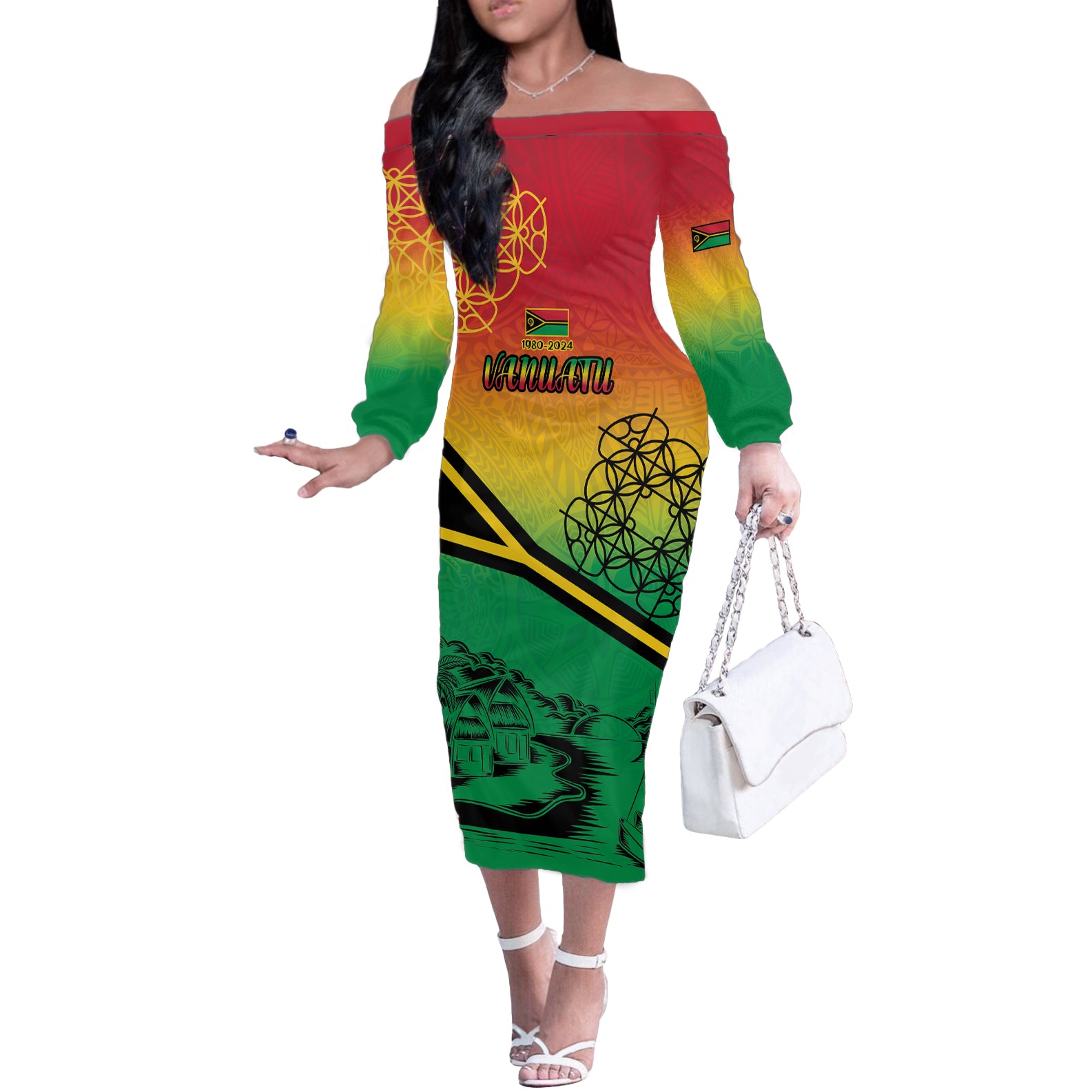 Hapi 44th Indipendens Dei Vanuatu Off The Shoulder Long Sleeve Dress Yumi 1980 with Vanuatuan Beach Landscape LT9 Women Reggae - Polynesian Pride