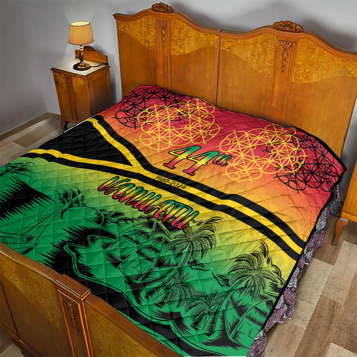 Hapi 44th Indipendens Dei Vanuatu Quilt Yumi 1980 with Vanuatuan Beach Landscape