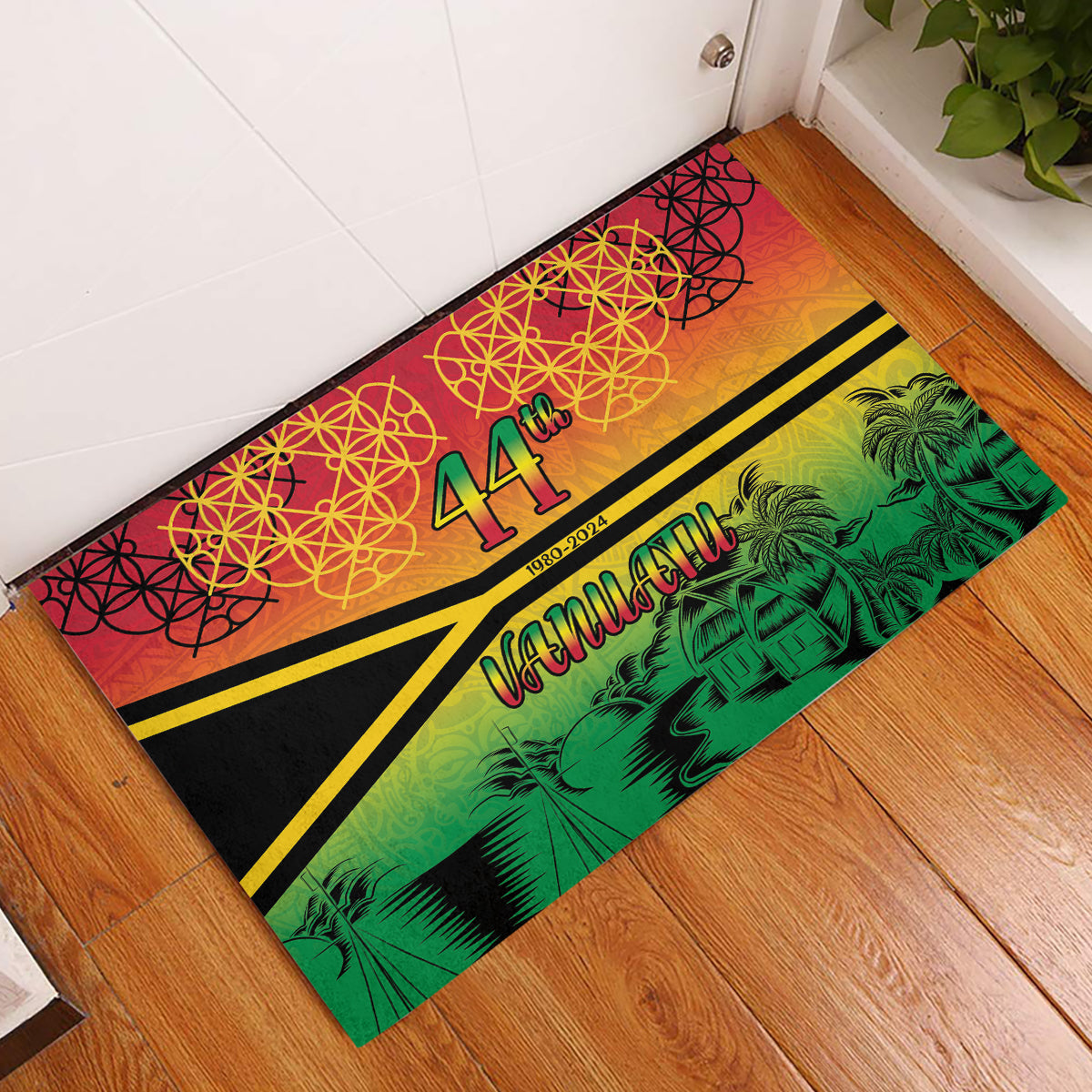 Hapi 44th Indipendens Dei Vanuatu Rubber Doormat Yumi 1980 with Vanuatuan Beach Landscape