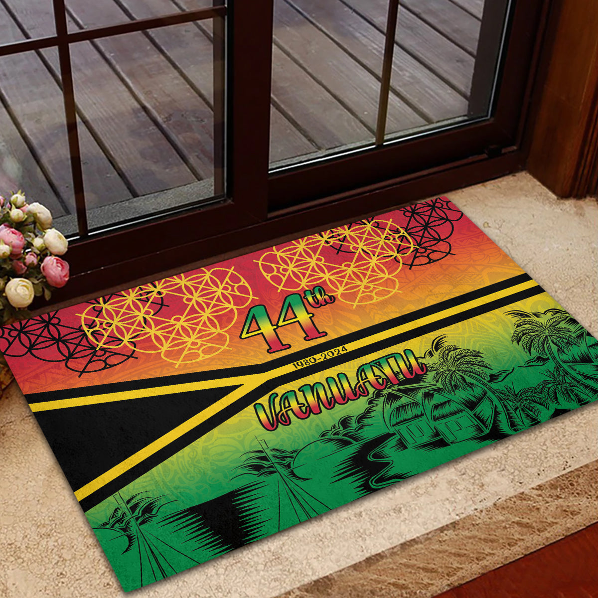 Hapi 44th Indipendens Dei Vanuatu Rubber Doormat Yumi 1980 with Vanuatuan Beach Landscape