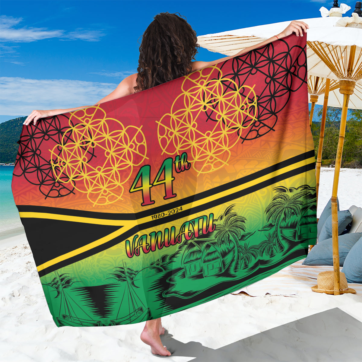 Hapi 44th Indipendens Dei Vanuatu Sarong Yumi 1980 with Vanuatuan Beach Landscape LT9 One Size 44 x 66 inches Reggae - Polynesian Pride