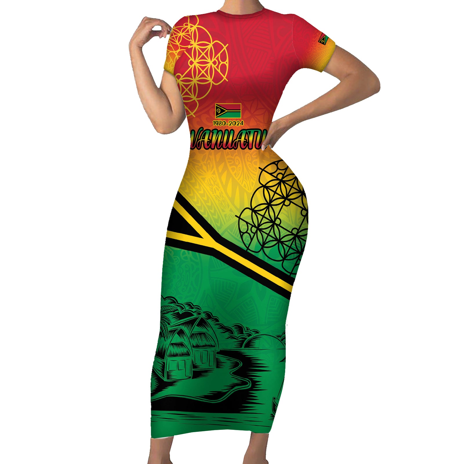 Hapi 44th Indipendens Dei Vanuatu Short Sleeve Bodycon Dress Yumi 1980 with Vanuatuan Beach Landscape