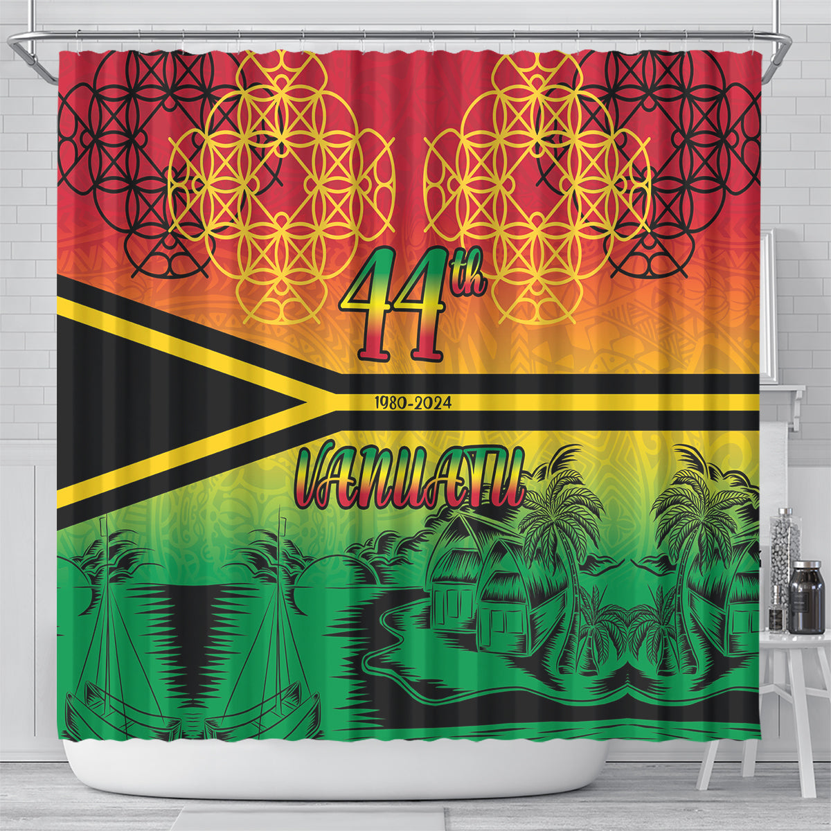 Hapi 44th Indipendens Dei Vanuatu Shower Curtain Yumi 1980 with Vanuatuan Beach Landscape