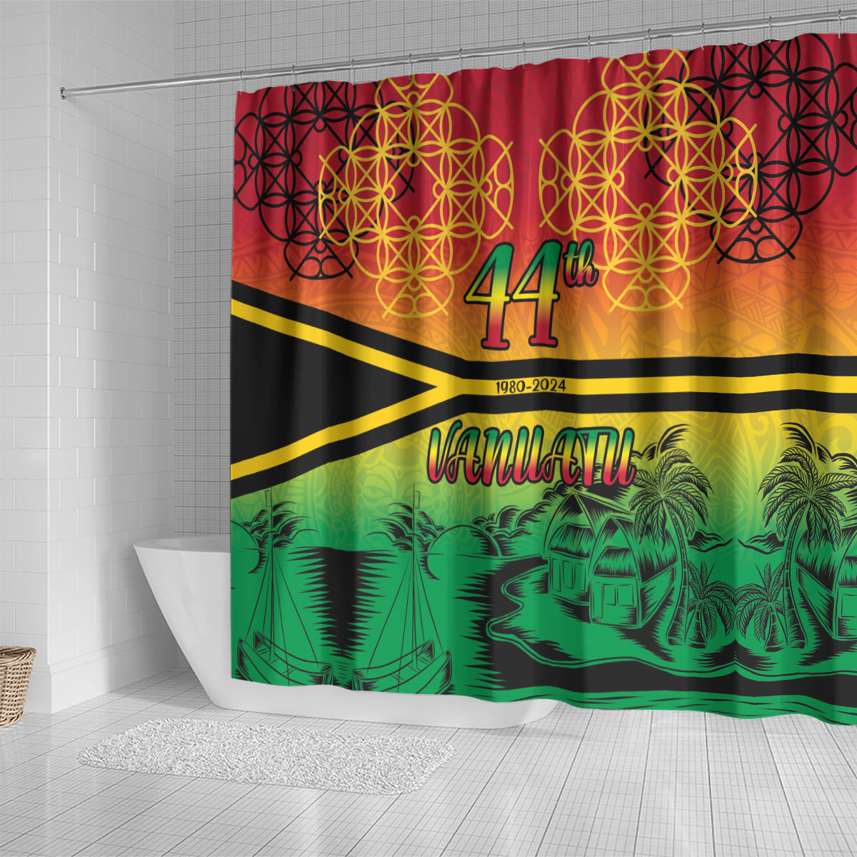 Hapi 44th Indipendens Dei Vanuatu Shower Curtain Yumi 1980 with Vanuatuan Beach Landscape
