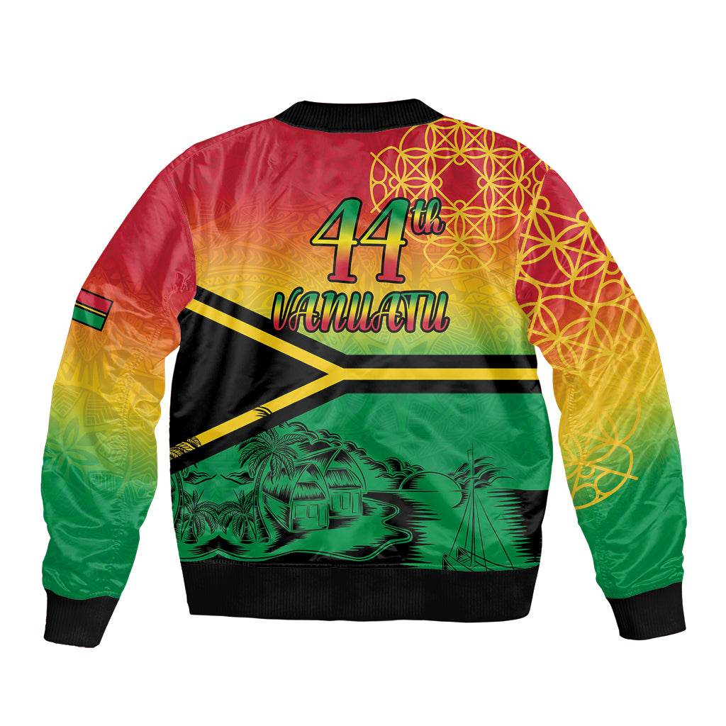 Hapi 44th Indipendens Dei Vanuatu Sleeve Zip Bomber Jacket Yumi 1980 with Vanuatuan Beach Landscape