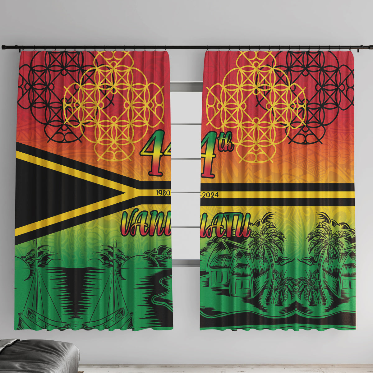 Hapi 44th Indipendens Dei Vanuatu Window Curtain Yumi 1980 with Vanuatuan Beach Landscape LT9 With Hooks Reggae - Polynesian Pride