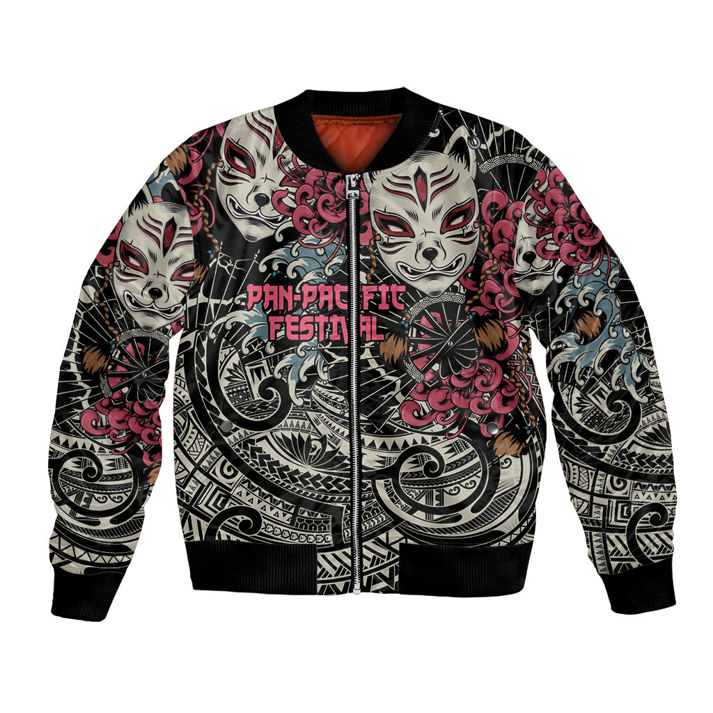Personalized Japanese Kitsune Mask Bomber Jacket With Polynesian Arty Style LT9 Unisex Black - Polynesian Pride