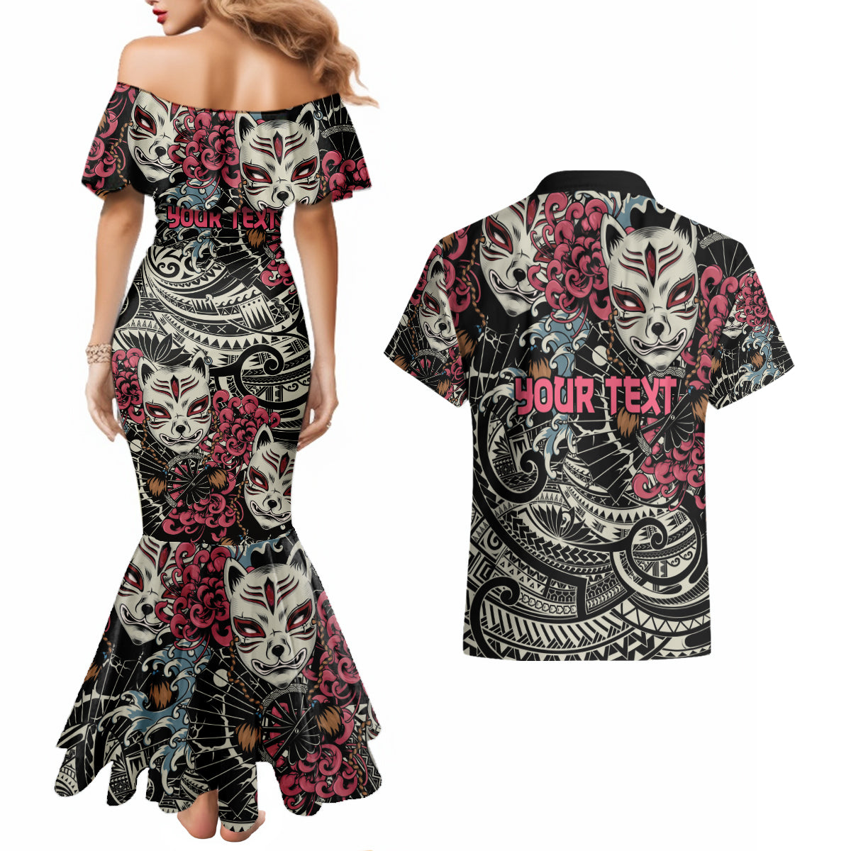 Personalized Japanese Kitsune Mask Couples Matching Mermaid Dress and Hawaiian Shirt With Polynesian Arty Style