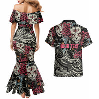 Personalized Japanese Kitsune Mask Couples Matching Mermaid Dress and Hawaiian Shirt With Polynesian Arty Style