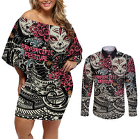 Personalized Japanese Kitsune Mask Couples Matching Off Shoulder Short Dress and Long Sleeve Button Shirt With Polynesian Arty Style