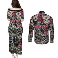 Personalized Japanese Kitsune Mask Couples Matching Puletasi and Long Sleeve Button Shirt With Polynesian Arty Style