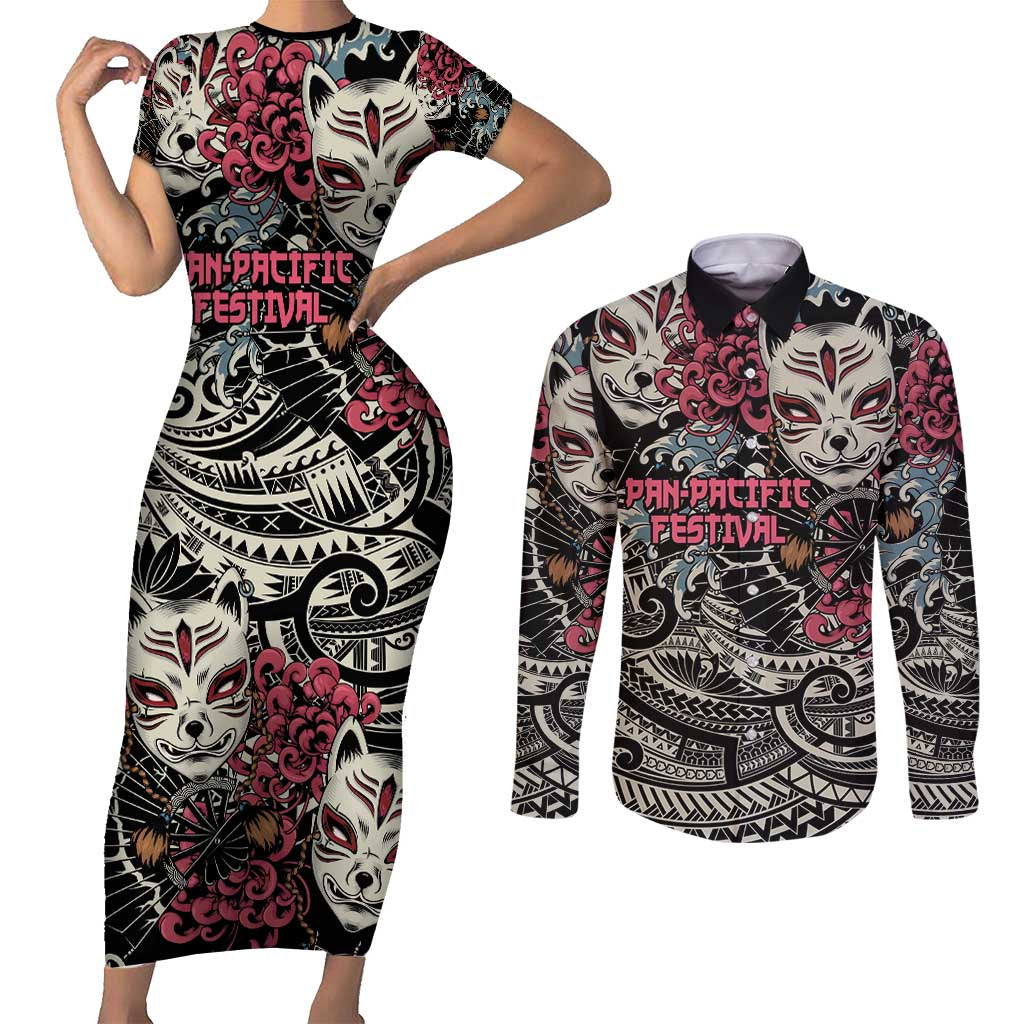 Personalized Japanese Kitsune Mask Couples Matching Short Sleeve Bodycon Dress and Long Sleeve Button Shirt With Polynesian Arty Style LT9