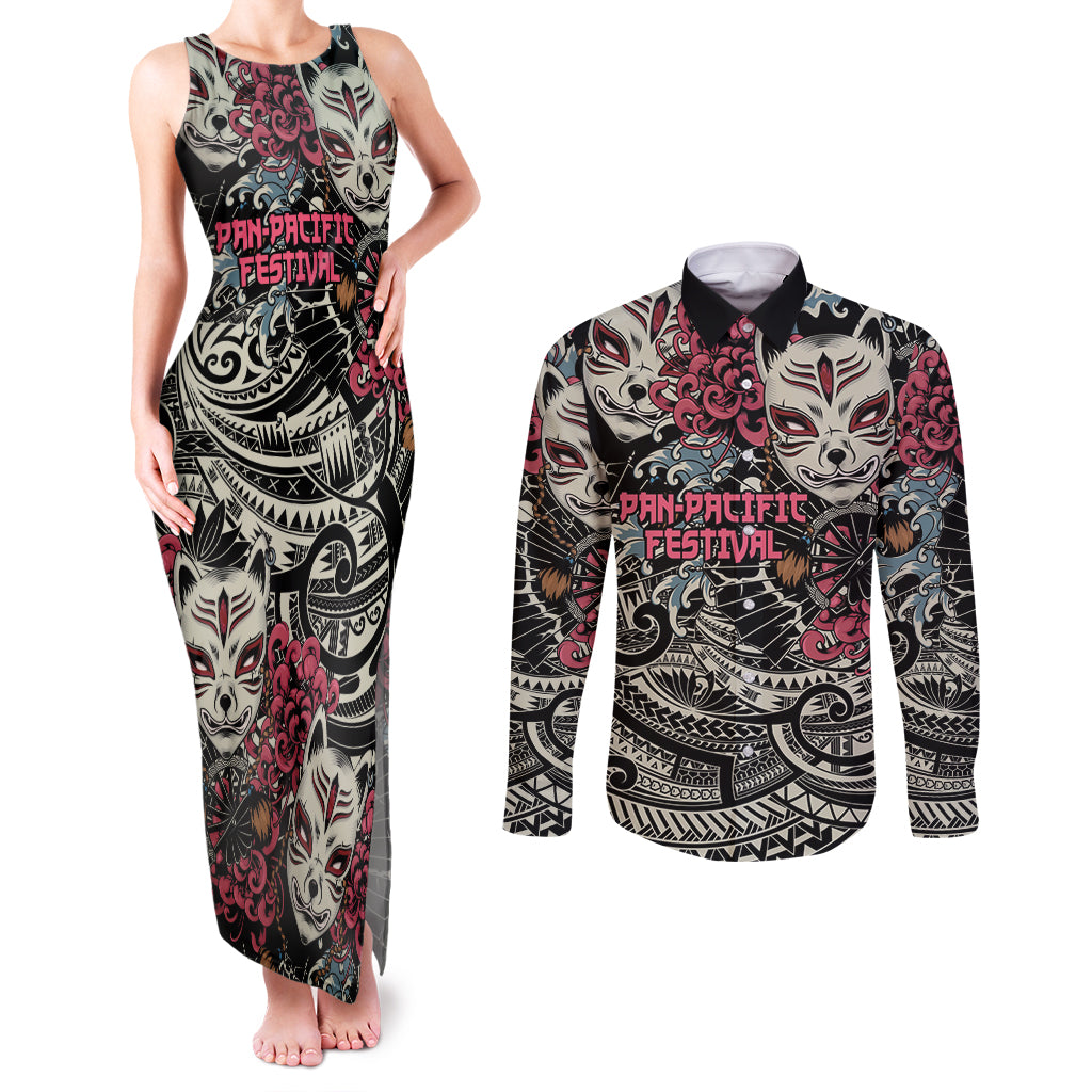 Personalized Japanese Kitsune Mask Couples Matching Tank Maxi Dress and Long Sleeve Button Shirt With Polynesian Arty Style