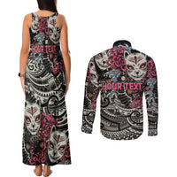 Personalized Japanese Kitsune Mask Couples Matching Tank Maxi Dress and Long Sleeve Button Shirt With Polynesian Arty Style