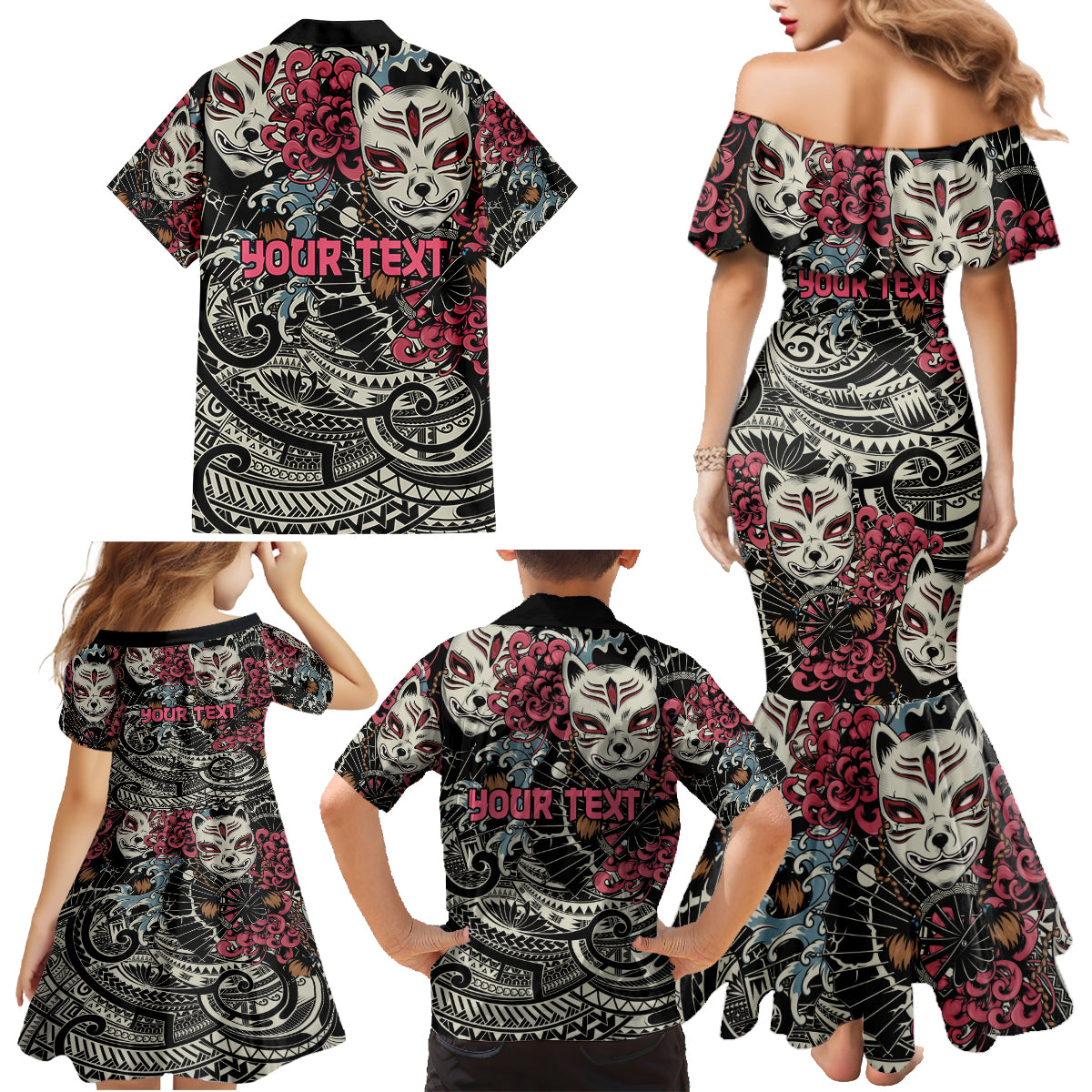 Personalized Japanese Kitsune Mask Family Matching Mermaid Dress and Hawaiian Shirt With Polynesian Arty Style