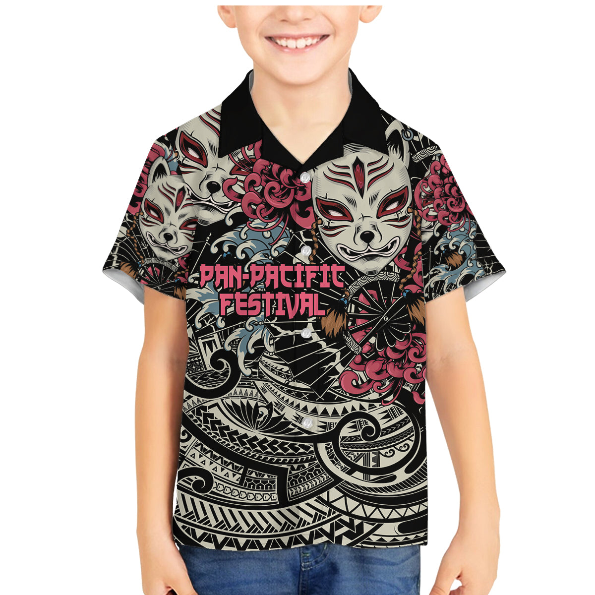 Personalized Japanese Kitsune Mask Family Matching Mermaid Dress and Hawaiian Shirt With Polynesian Arty Style