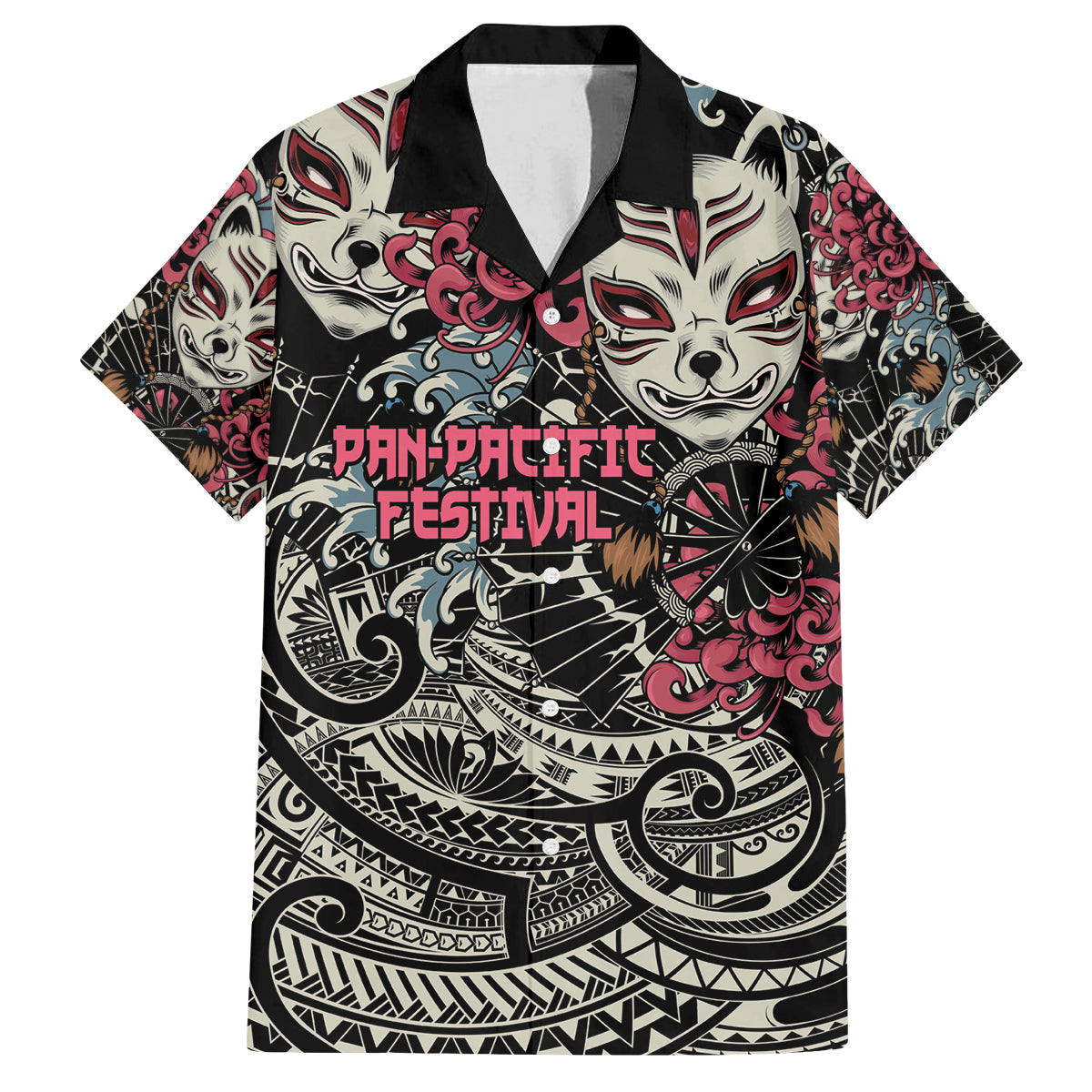 Personalized Japanese Kitsune Mask Family Matching Tank Maxi Dress and Hawaiian Shirt With Polynesian Arty Style