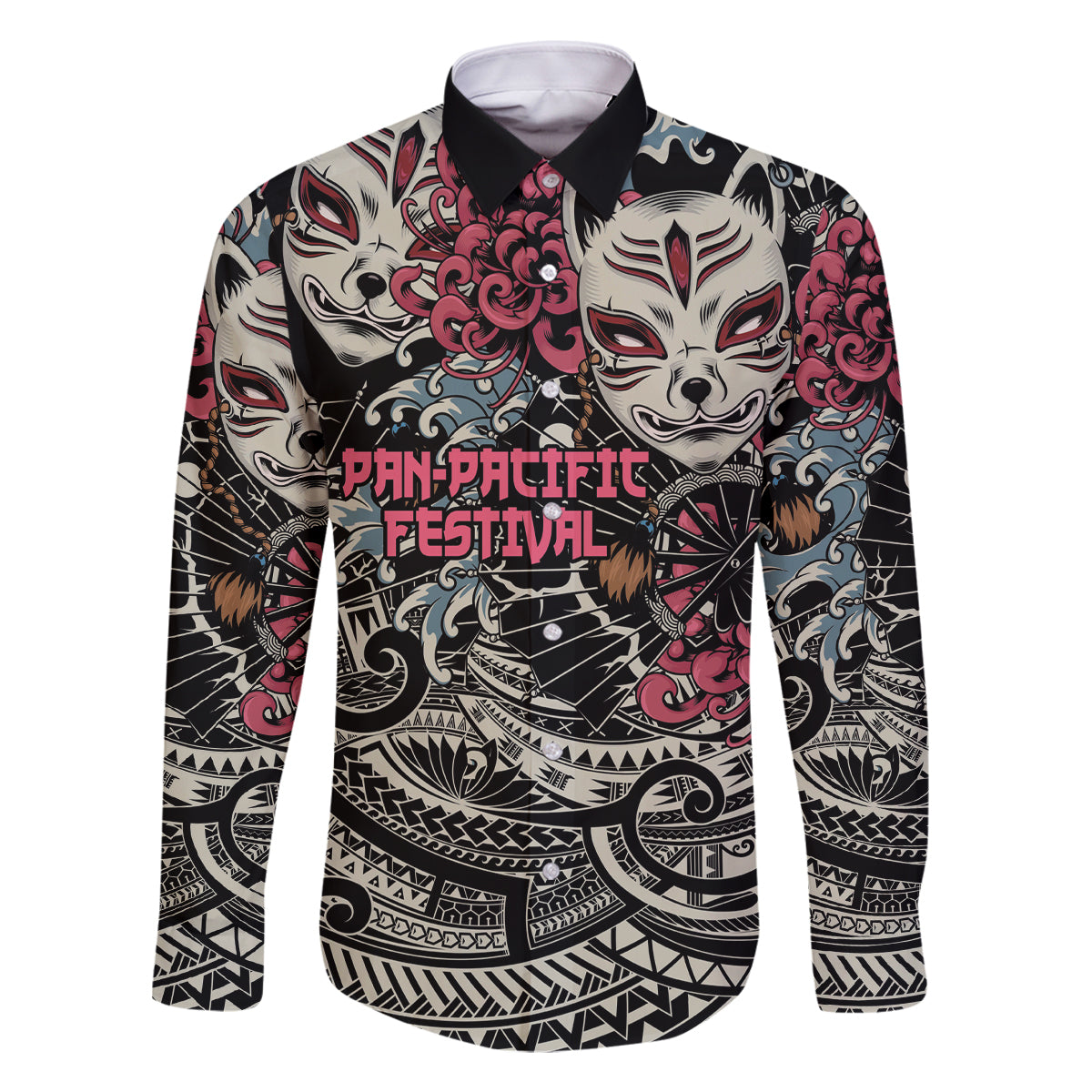 Personalized Japanese Kitsune Mask Family Matching Tank Maxi Dress and Hawaiian Shirt With Polynesian Arty Style