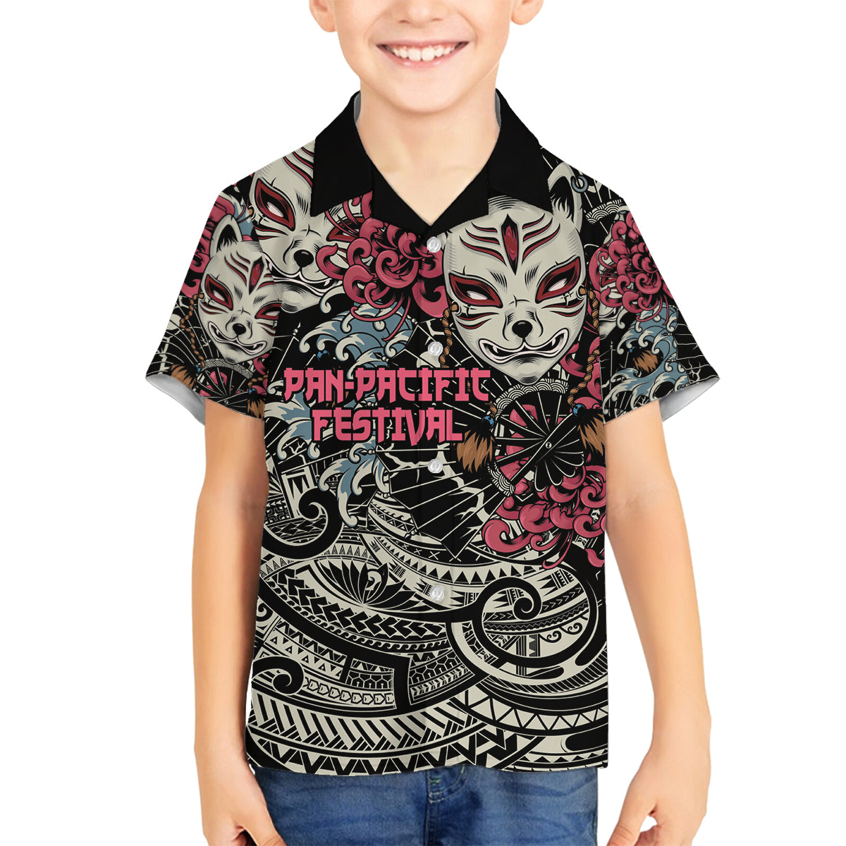 Personalized Japanese Kitsune Mask Family Matching Tank Maxi Dress and Hawaiian Shirt With Polynesian Arty Style