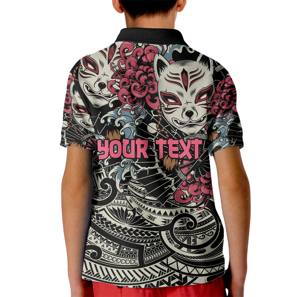 Personalized Japanese Kitsune Mask Kid Polo Shirt With Polynesian Arty Style