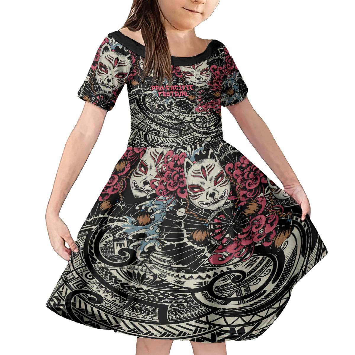 Personalized Japanese Kitsune Mask Kid Short Sleeve Dress With Polynesian Arty Style