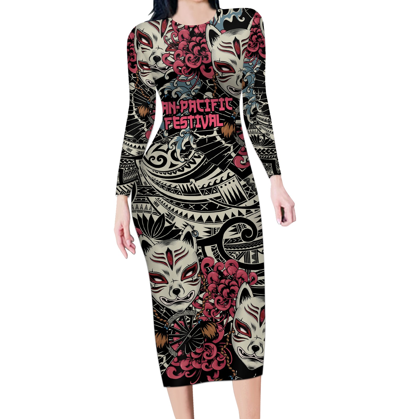 Personalized Japanese Kitsune Mask Long Sleeve Bodycon Dress With Polynesian Arty Style LT9 Long Dress Black - Polynesian Pride