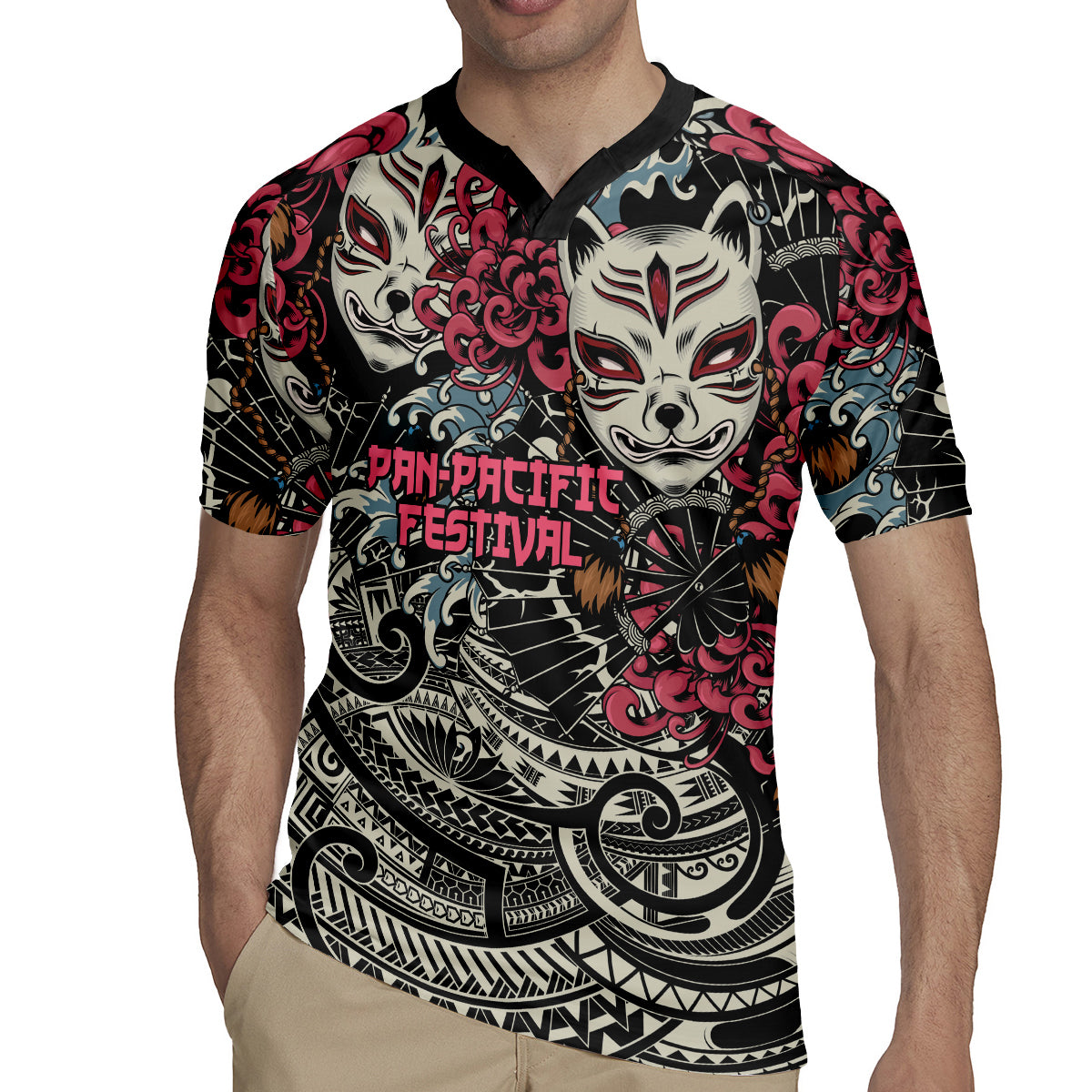 Personalized Japanese Kitsune Mask Rugby Jersey With Polynesian Arty Style