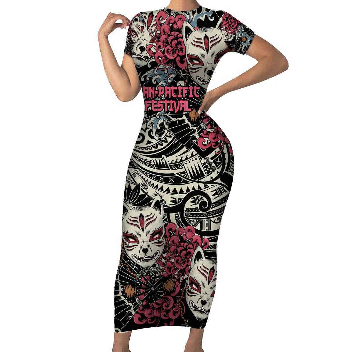 Personalized Japanese Kitsune Mask Short Sleeve Bodycon Dress With Polynesian Arty Style