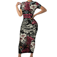 Personalized Japanese Kitsune Mask Short Sleeve Bodycon Dress With Polynesian Arty Style