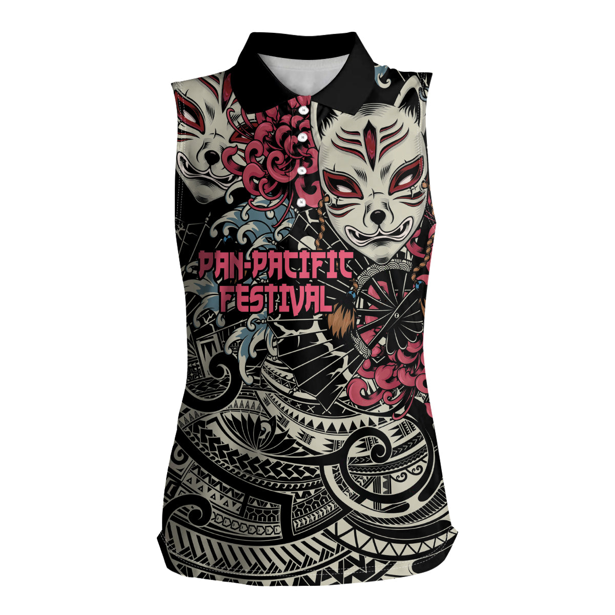 Personalized Japanese Kitsune Mask Women Sleeveless Polo Shirt With Polynesian Arty Style LT9 Female Black - Polynesian Pride