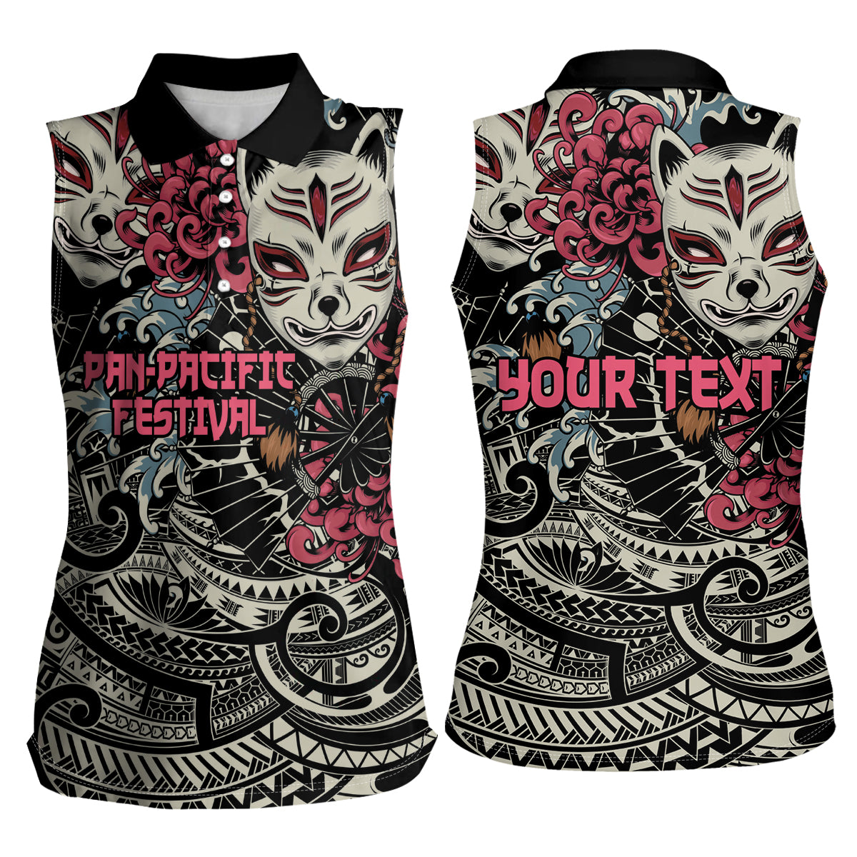 Personalized Japanese Kitsune Mask Women Sleeveless Polo Shirt With Polynesian Arty Style