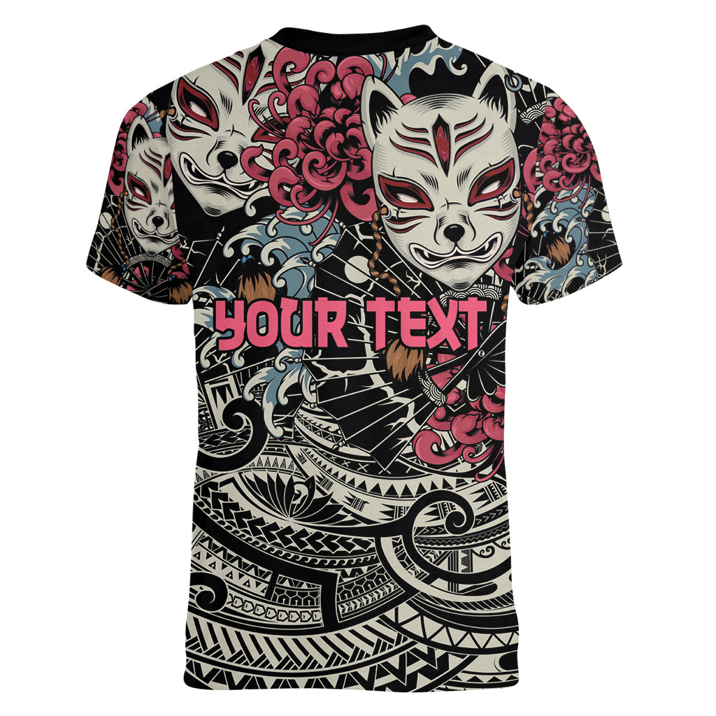 Personalized Japanese Kitsune Mask Women V-Neck T-Shirt With Polynesian Arty Style